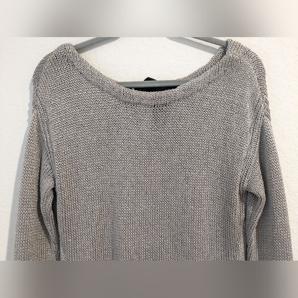 Diane Von Furstenberg Silver Metallic Shiny Open Knit Boat Neck Long Sleeve Top - Picture 6 of 13